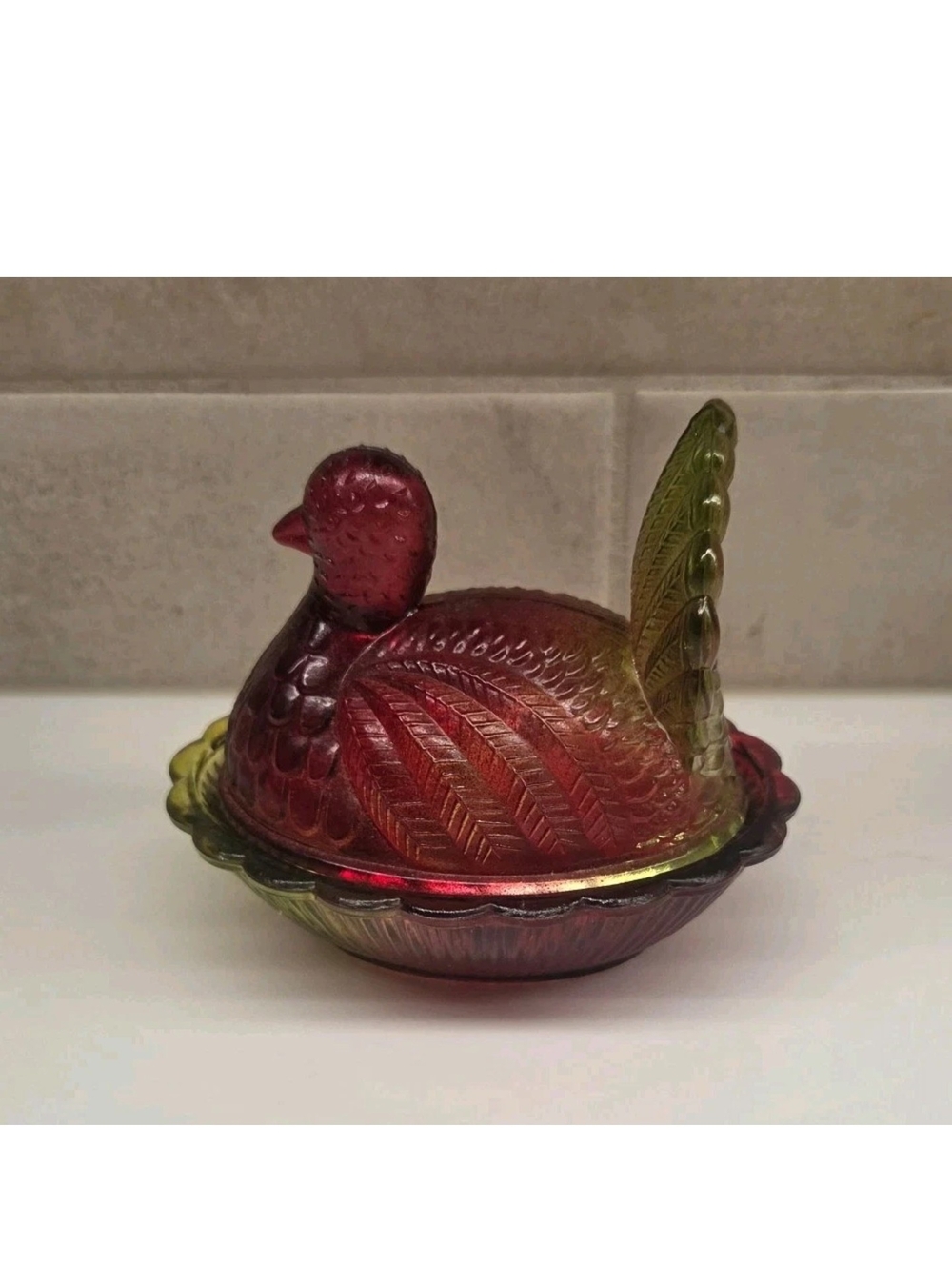 Vintage Amberina Turkey On Nest Glass Turkey Lidded Dish Red Green Small